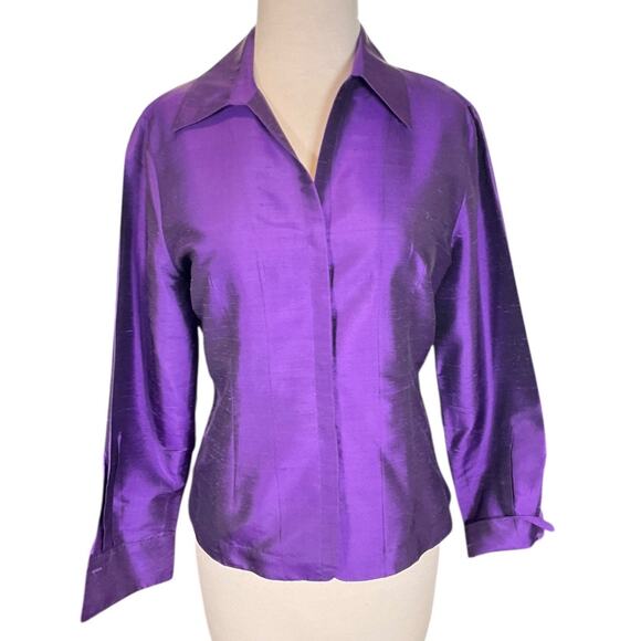Vintage Allison Taylor Petite 100% Silk Long Sleeve Purple Blouse Button Down - Picture 1 of 10